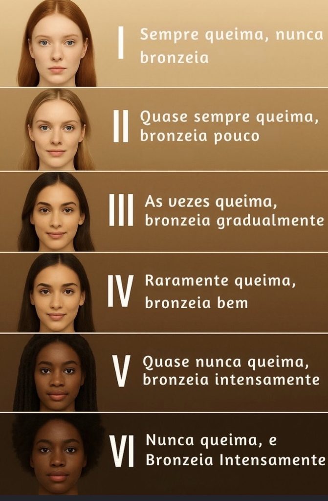 Fototipos de Fitzpatrick.Os tipos 3 e 4 mais propensoa ao melasma.